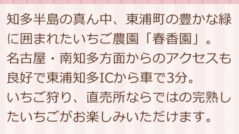 知多半島の真ん中、東浦町の豊かな緑に囲まれたいちご農園「春香園」。名古屋・南知多方面からのアクセスも良好で東浦知多ICから車で3分。ファミリーやグループでのレジャーやドライブに、是非お寄りください。